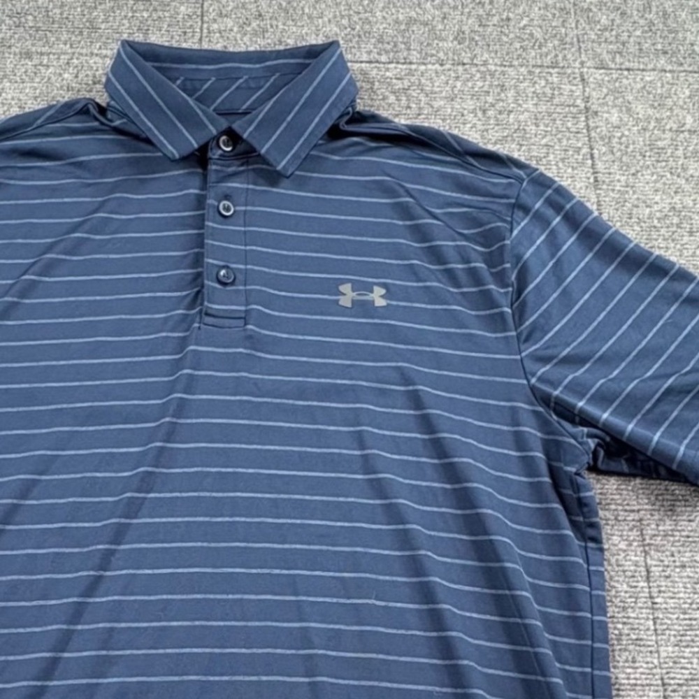 Under Armour Mens Playoff Polo Shirt Navy Blue Striped Short Sleeve Medium